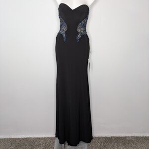 NWT Jasz Couture Black Iridescent Blue Beaded Strapless Maxi Evening Gown 6
